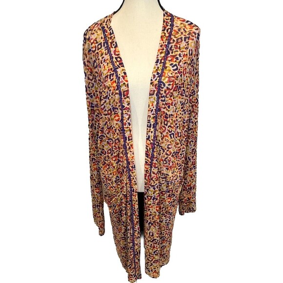 LOGO Lori Goldstein Quynn Colorful Animal Print Long Cardigan Duster Fall Sz XL - Picture 1 of 9